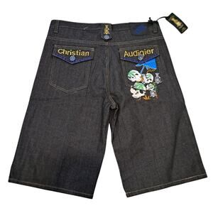 %Size 40 Christian Audigier Skulls and Pot Leafs Embroidered Shorts Men / J1